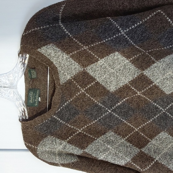 New Traditions- Mens Brown Argyle! 100% Shetland Wool Sweater Vintage Sz.Large - Picture 2 of 8